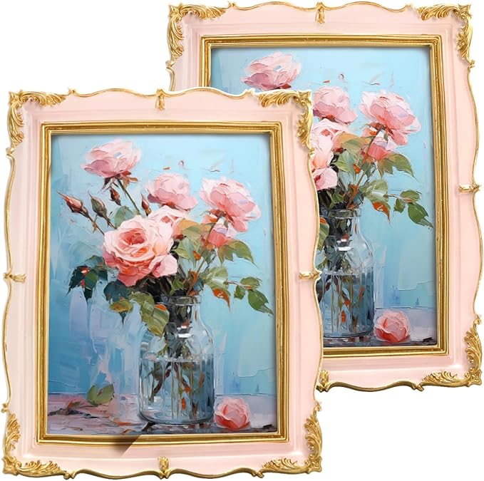 2 Pack 6x8 Inch Vintage Photo Frames, Antique Picture Frames with Golden Trim, Display Pictures Pink for Wall or Tabletop, Horizontal or Vertical