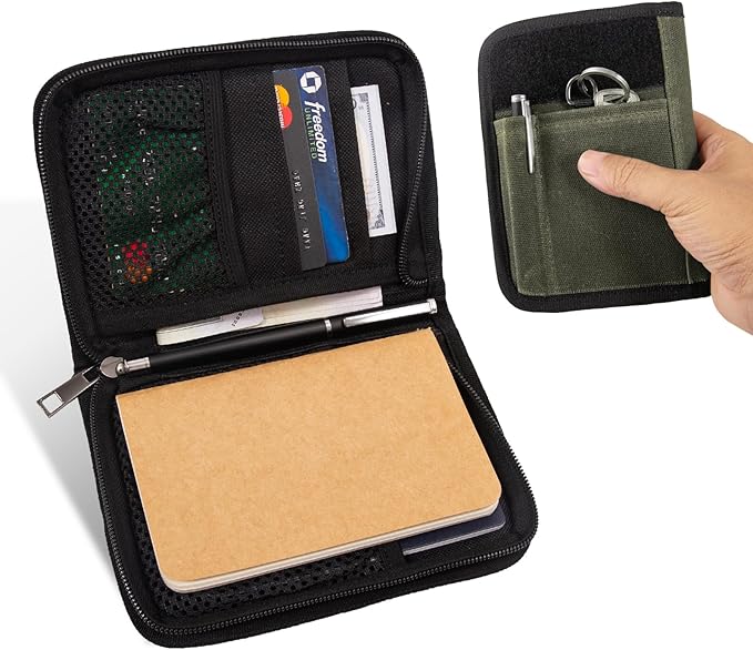 Field Notes Notebooks Cover for 3.5 X 5.5 Inch, Waxed Canvas Field Journal Covers With Notes Wallet, Water Resistant Journal Notebook Planner,Velcro Design and D-Ring Keychain (Army Green)