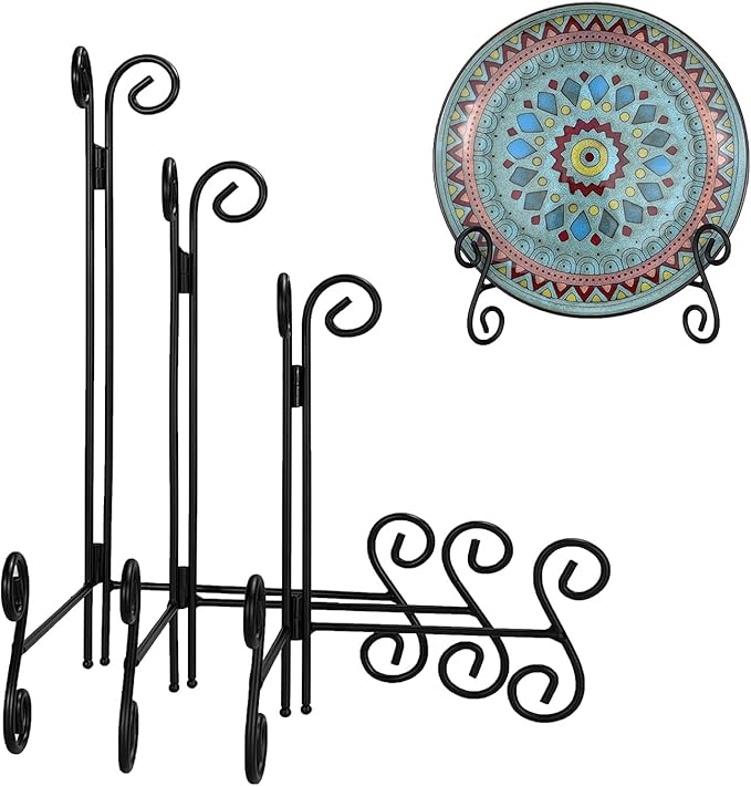 Plate Stands for Display, 8+10+12 Inch Easel Stand for Decoration, 3 Pack Black Metal Plate Holder for Photos, Cookbooks, Albums