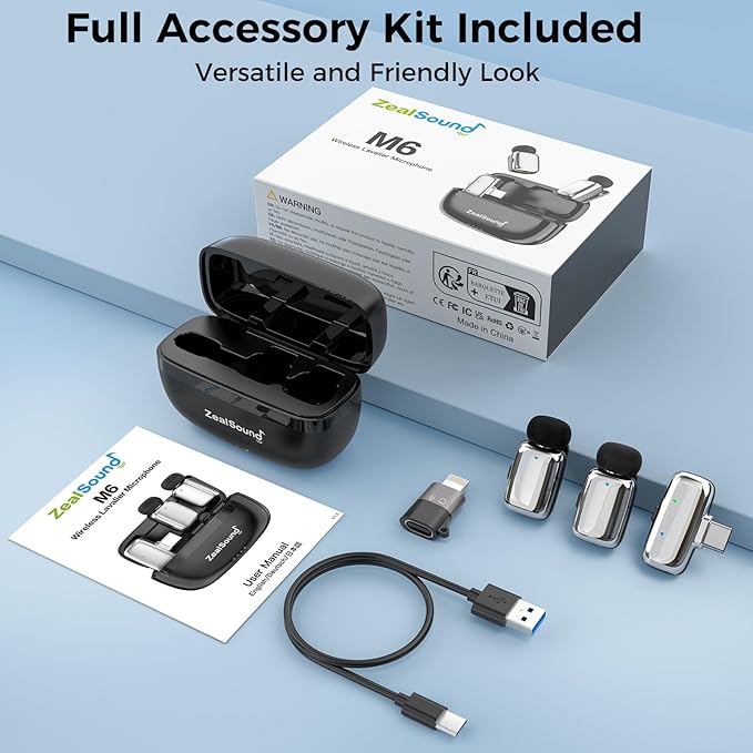 ZealSound Mini Microphone, Wireless Lavalier Mic for iPhone/iPad/Android, USB-C/Lightning, Noise Reduction, 33H Battery with Charging Case for Content Creators, TikTok & YouTube Videos - Chrome Silver