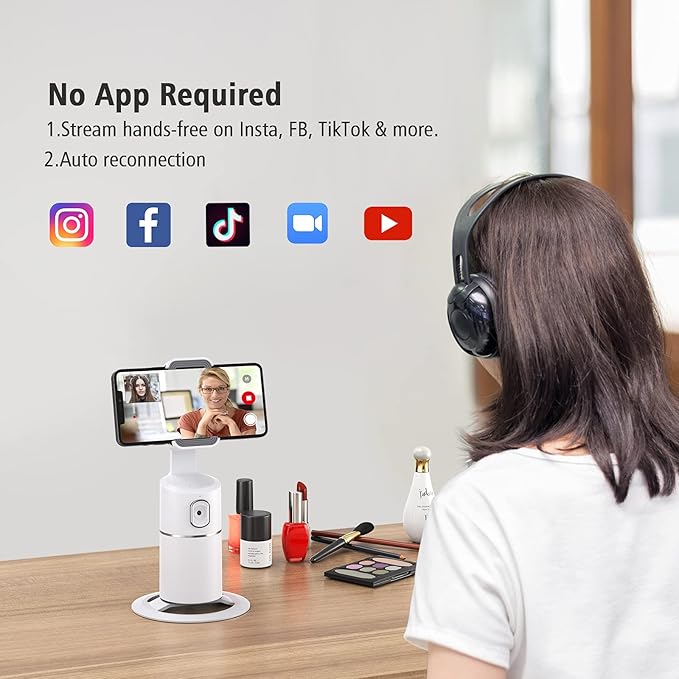 Auto Face Tracking Phone Holder, No App Required, 360° Rotation Face Body Phone Tracking Tripod Smart Shooting Camera Mount for Live Vlog Streaming Video, Rechargeable Battery-White