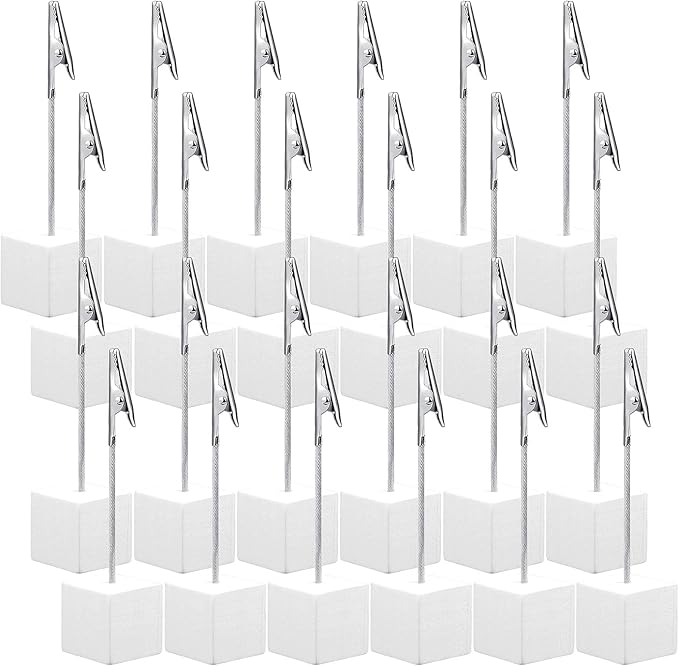 24 Pcs Wooden Memo Clips Holder Lightweight Wood Cube Base with Alligator Clip Clasp Mini Photo Holder Clip Menu Holder for Displaying Number Card (White)