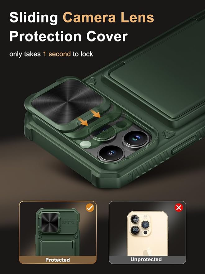 Vihibii for iPhone 14 Pro Max Wallet Case, Built-in Card Holder (4 Cards), [RFID Blocking] & Slide Camera Cover, Military Grade Drop Protection, TPU Soft Edge Wallet Phone Case, 6.7" 2022, Green