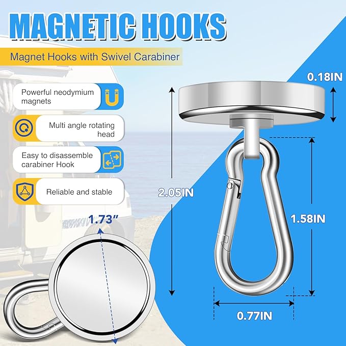 VSKIZ 200Lbs Magnetic Carabiner Hooks, 2 Pack Strong Magnetic Hooks Heavy Duty with Swivel Carabiner for Cruise, Black Neodymium Magnet Hooks Magnetic Wall Hanger for Hanging, Toolbox, Grill, Cabins