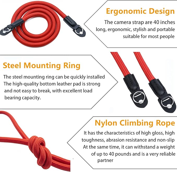 Camera Shoulder Strap Climbing Rope Camera Neck Strap for Mirrorless and DSLR Cameras, with Lens Cap Keeper (Red)