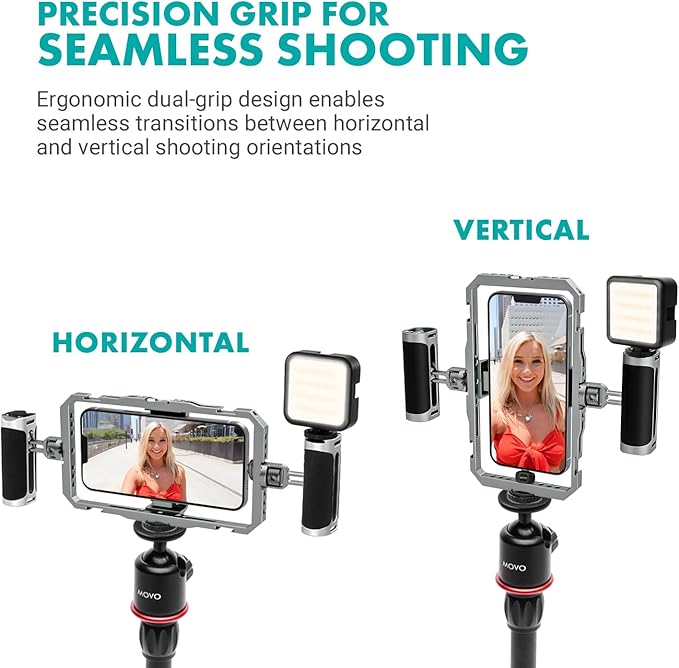Movo iFilmer-PRO Smartphone Video Rig Kit – Stabilizer Cage with Dual Grips, Wireless Lavalier Microphones & Tripod for iPhone/Android
