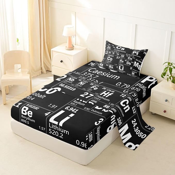 Erosebridal Chemical Periodic Table Bed Sheets Set Twin for Boys Girls Teens Science Students School Educational Dorm Room Decor Sheet Set, Science Theme Sheets Chemical Subject Theme Fitted Sheet
