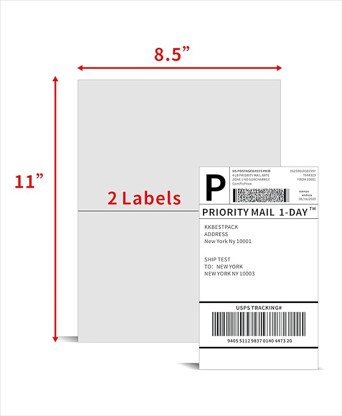 KKBESTPACK Half Sheet Shipping Labels for Laser and Inkjet Printers – 2 Per Page Self Adhesive Mailing Labels for Packages – White 8.5 x 5.5 Postage Labels for Shipping Boxes (1000 Labels) (KK2LP)