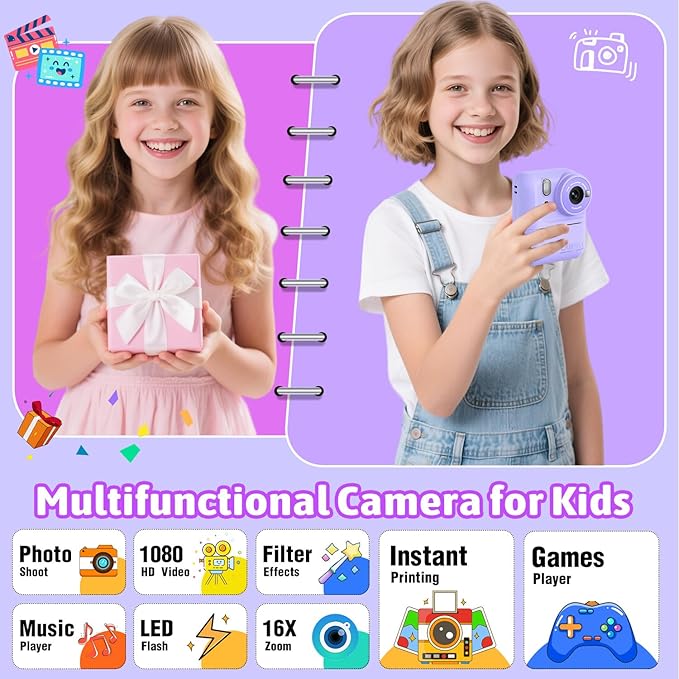 Okaloka Kids Instant Print Camera Toys,1080P HD Toddler Digital Video Camera,Christmas Birthday Gifts for Girls Boys Age 3-12 Year Old - 32G SD Card Included (Purple)