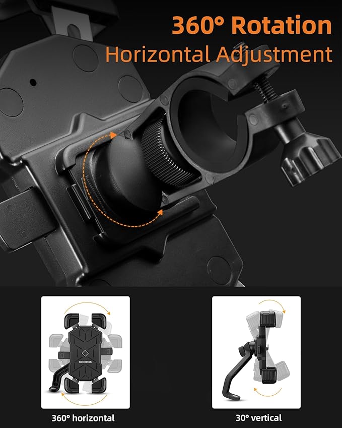 ROCKBROS Motorcycle Phone Holder Mount, Compatible with 4.5-7.1 inch Smartphones, Quick Release Handlebar Clamp, 360 Rotatable, Anti-Slip Silicone for Secure Grip