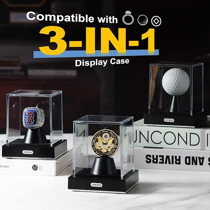 JupDec Championship Ring Display Case, Clear Acrylic Single Ring Holder with Durable Base, Dustproof Cube Showcase with Black Velvet Interior, Ideal Gift for Sports Memorabilia Fans