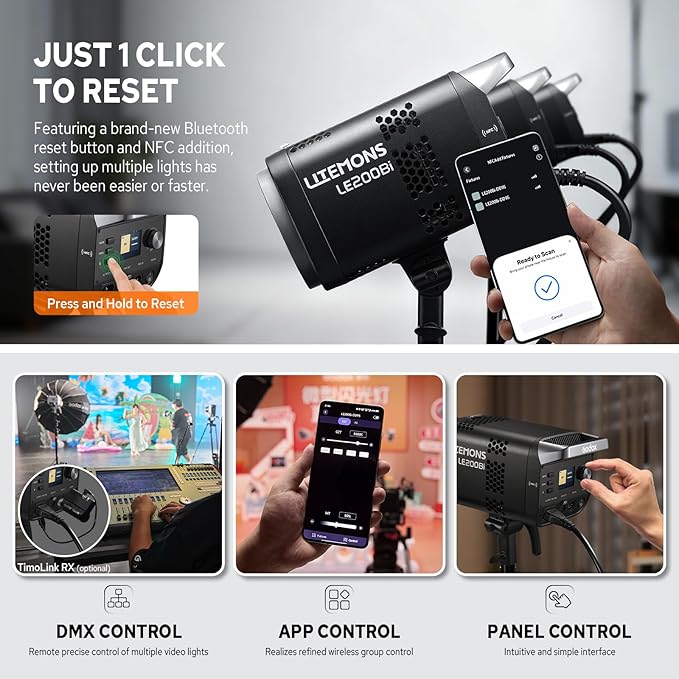 Godox LE200Bi 220W Bicolor LED Video Light, Pro LED Continuous Output Light Bowens Mount, 2800K~6500K, CRI 98, 57700lux@1m, Portable LED Studio Light for Photography Video Recording Live Streaming