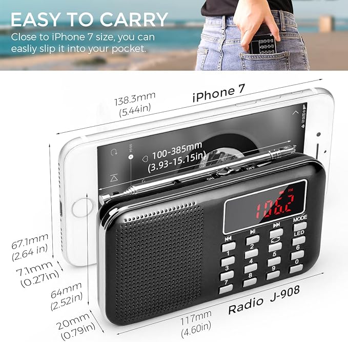 PRUNUS Mini Portable Radio AM FM Pocket Radio with MP3, LED Flashlight, Digital Radios Speaker Support Micro SD/TF Card/USB, Auto Scan Save, 1200mAh Rechargeable Battery Operated[Latest Version]