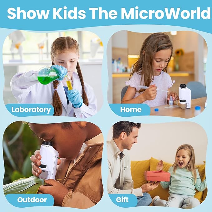 Axlksia Mini Microscope for Kids and Adults, Handheld 60x-180x LED Lighted Pocket Microscope with 4 Slides for Student Science Lab Education (White)