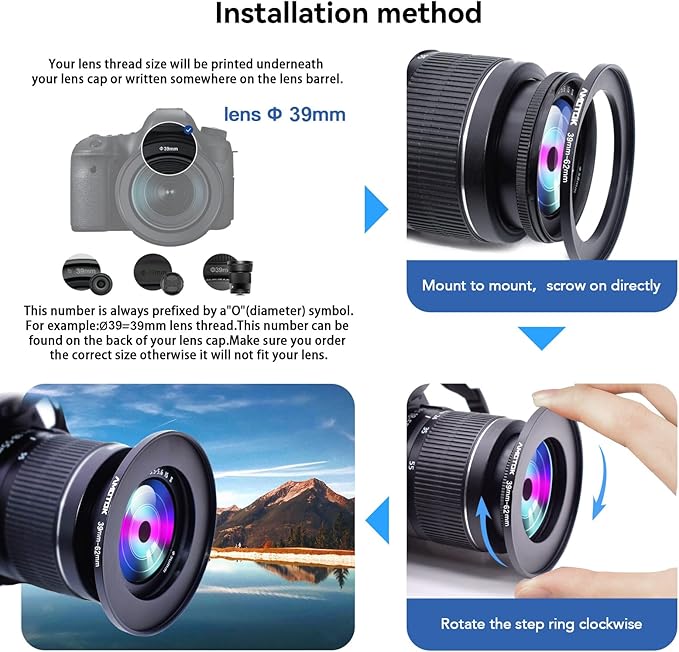 39mm Lens to 62mm Camera Lens Adapter,39mm-62mm Filter Step up Rings,Compatible All 62mm Filter Accessory.Made from CNC Machined
