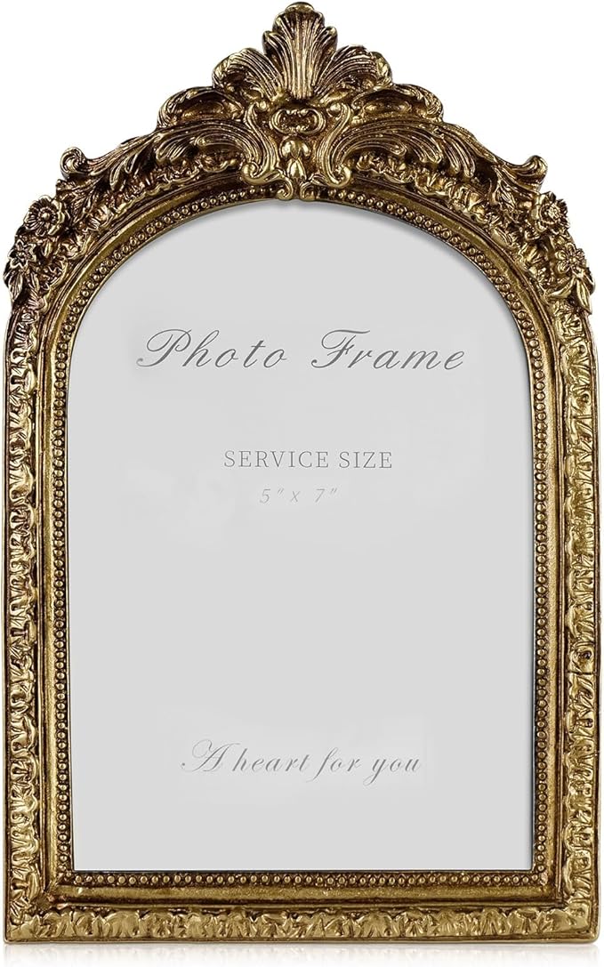 Cuspin Vintage Picture Frames 5x7 Gold Frame, Gold Ornate Resin Photo Frame with Glass Front for Tabletop and Wall Mounting, Antique Arched Picture Frame for Home Decor