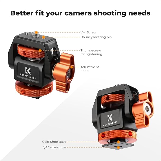 K&F Concept Magic Arm with Super Clamp + Adjustable Camera Monitor Mount, 360° Swivel 180° Tilt with Cold Shoe, Anti-Twist Design, 1/4" Screw for 5" & 7" Camera Field Monitor