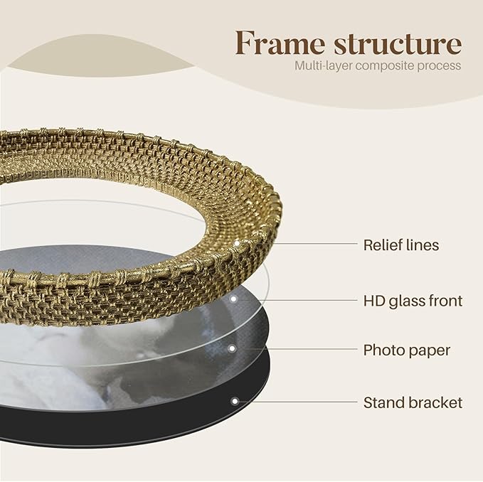 Cuspin Vintage Gold 5x5 Picture Frame, Gold Round Frame Rattan Textured Hand-Crafted Circle Frame with Glass Front, Retro Photo Frame for Tabletop Display & Wall Hanging, Home Decor, Gift Idea