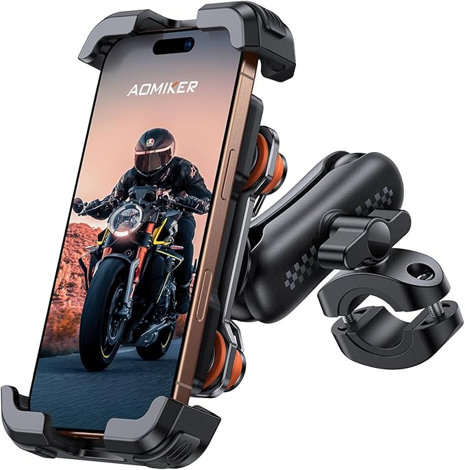 Aomiker Motorcycle Phone Holder Mount - [Metal Extension Arm] [Dual Vibration Dampener] Motorcycle Cell Phone Mount, Bike Phone Handlebar Clamp for iPhone 16 15 14 13 Pro Max Plus, 4.7-6.7" Smartphone