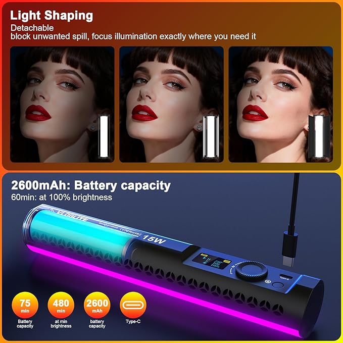 Magnetic RGB Light Wand, Handheld LED Video Light Stick with Diffuser, 1800–9000K CCT & 360° Full Color, CRI95+, Type-C Rechargeable Tube Light for TikTok YouTube Vlog Live Streaming