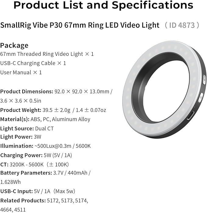 SmallRig Vibe P30 67mm Ring LED Video Light, Compact Powder-Size Bi-Color Light with High CRI ≥90, Compatible for 67mm Phone Mounts/Cases/Lenses, for Content Creation, Live Streaming, 4873