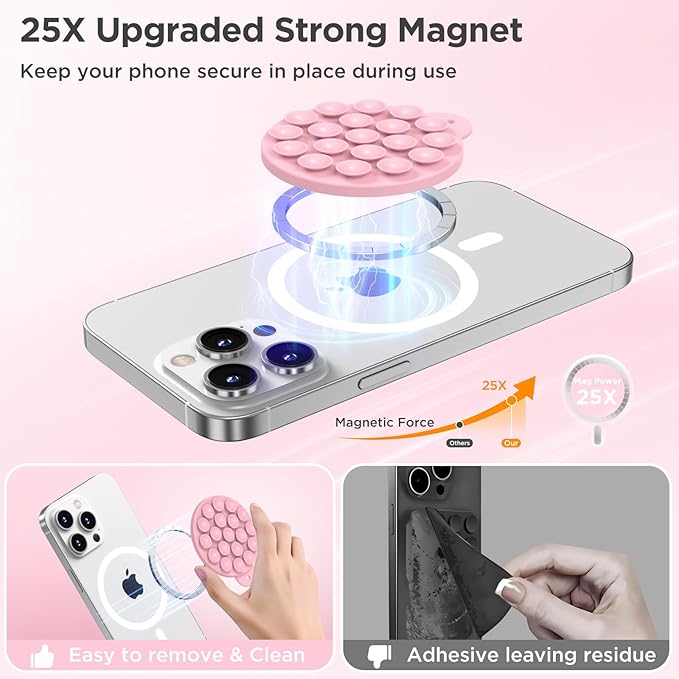 Magnetic Suction Cup Phone Mount with MagSafe, Silicone Hands-Free Grip Holder for iPhone Case and Android, Mirror Shower Phone Stand for Makeup FaceTime Gym Kitchen Bathroom, Pink