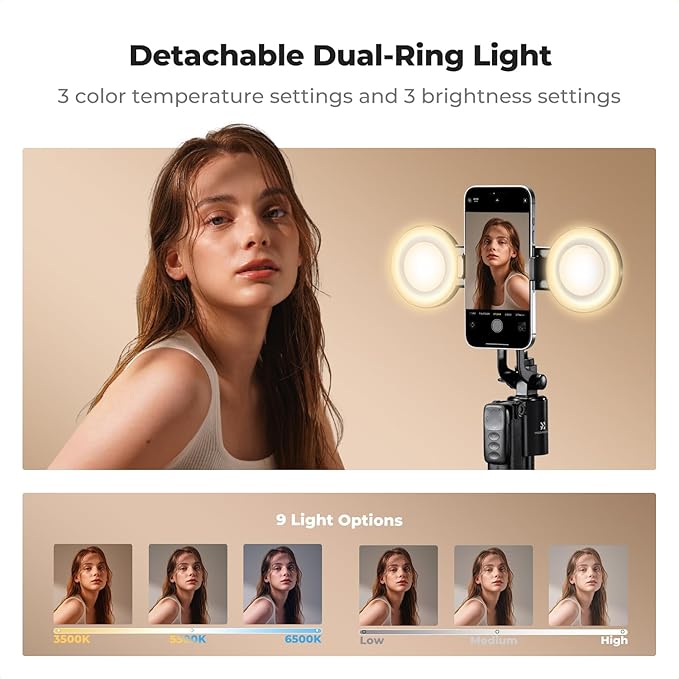 K&F CONCEPT 71“ Auto Face Tracking Tripod, 360° Rotation Selfie Stick with 2 Fill Lights, Gesture & Remote Control for Vlogging, Live Streaming & Video Recording