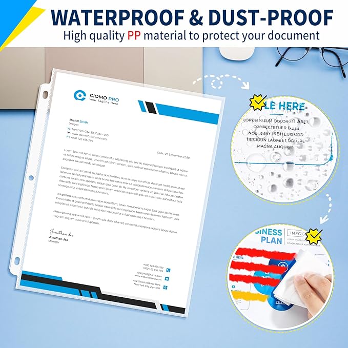 SUNEE Sheet Protectors 50 Packs for 3 Ring Binder, 8.5x11 Clear Plastic Page Sleeves for Paper, Documents, Certificate, Sheet Music, Recipe, File