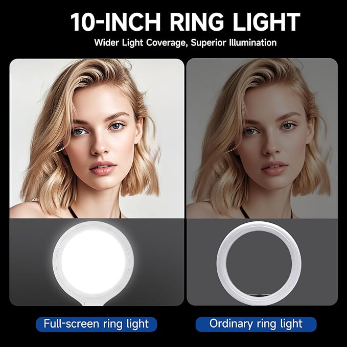 Ring Light Tripod for iPhone, 10" Selfie Ring Light with Tripod Stand and Phone Holder, Professional LED Circle Lighting for Video Recording, Conferencing, Makeup, Streaming, Tiktok, YouTube