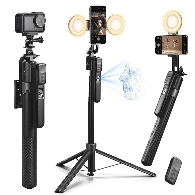 K&F CONCEPT 71“ Auto Face Tracking Tripod, 360° Rotation Selfie Stick with 2 Fill Lights, Gesture & Remote Control for Vlogging, Live Streaming & Video Recording