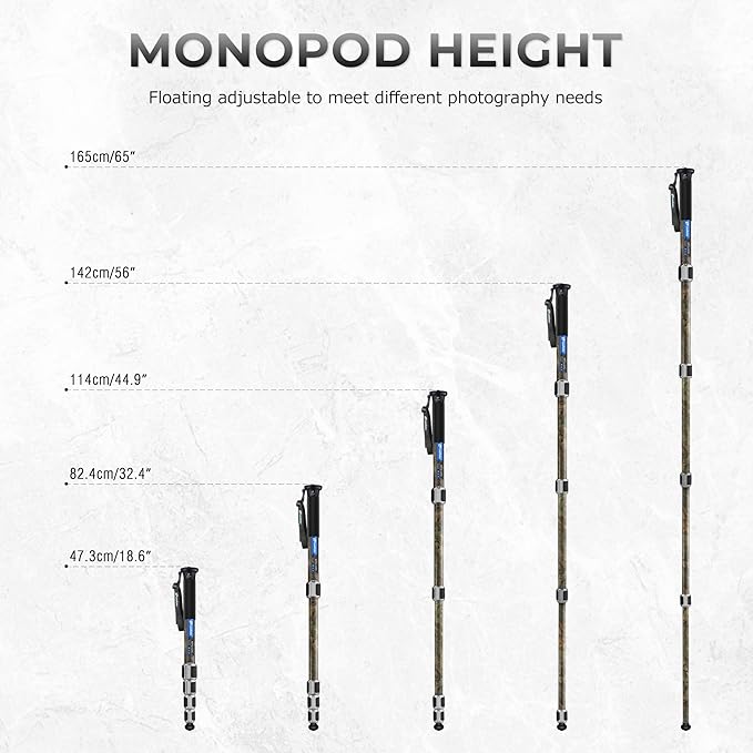 LEOFOTO Camera Monopod Carbon Fiber Portable Compact Lightweight Travel Monopod with Wrist Strap, Silicone Handle, Twist Locks, 5-Section up to 165cm, Max Load 15kg，Camo(MPQ-325C)