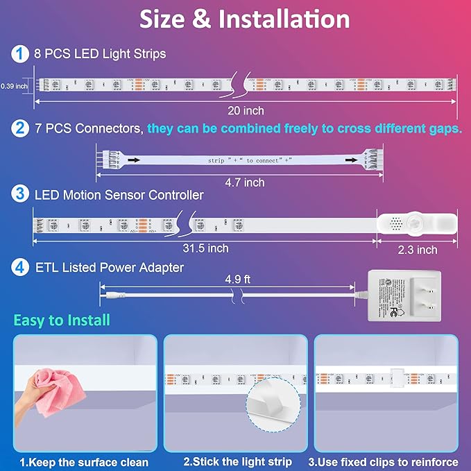 maylit 8 PCS Motion Sensor RGB Under Cabinet Lights Kit, App and Remote Control Led Strip Lights, Music Sync Color Changing Led Lights with Power Adapter, for Cabinet, Counter, Shelf, Bookcase, 13ft