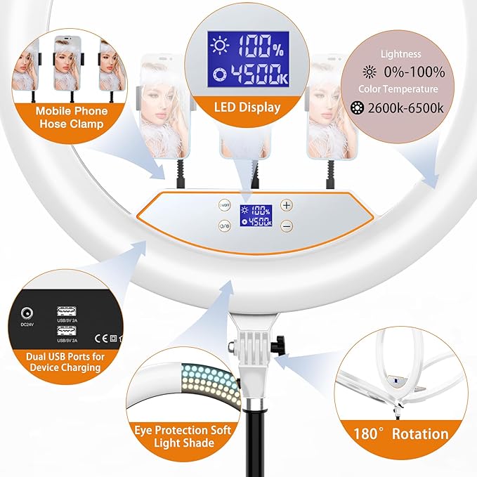 22"Ring Light with Stand,Ring Light Tripod for iPhone ipad,with 75"Tripod/LCD Display/4 ipad iPhone Clips/2 USB Ports,2600K-6500K Color Temperature,for Barber Makeup Tattoo TikTok Video Recording Vlog