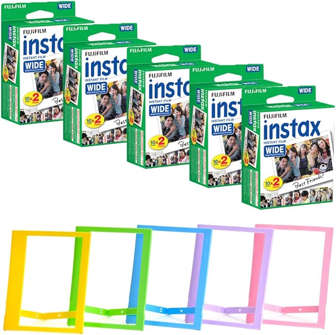 FUJIFILM INSTAX Wide Instant Film Bundle with Plastic Photo Frames (Blue, Green, Pink, Yellow & Purple â€“ Deluxe Bundle (100 Film)