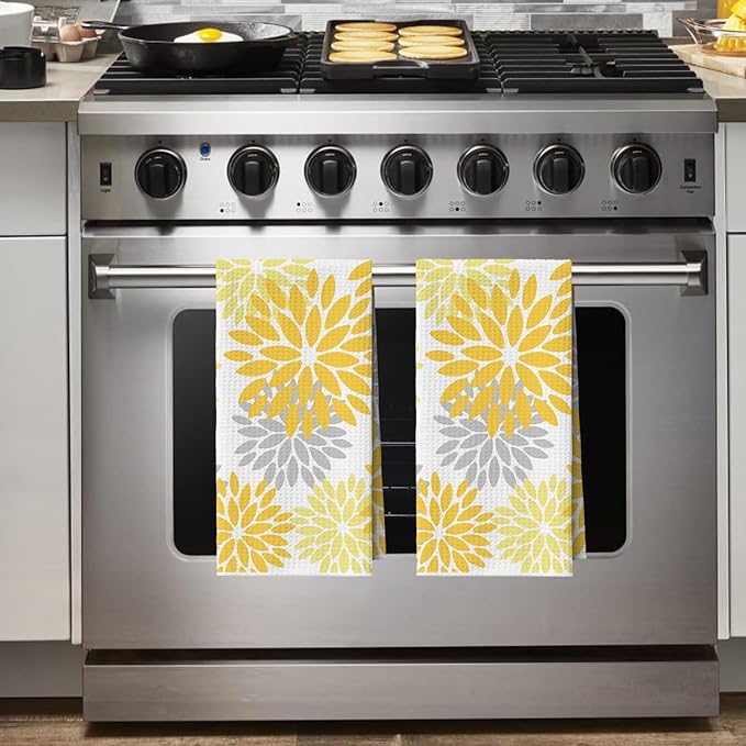 Artoid Mode Yellow Dahlia Floral Kitchen Towels Dish Towels, 18x26 Inch Quick Dry Microfiber Cloth Hand Towels for Kitchen Drying Set of 2