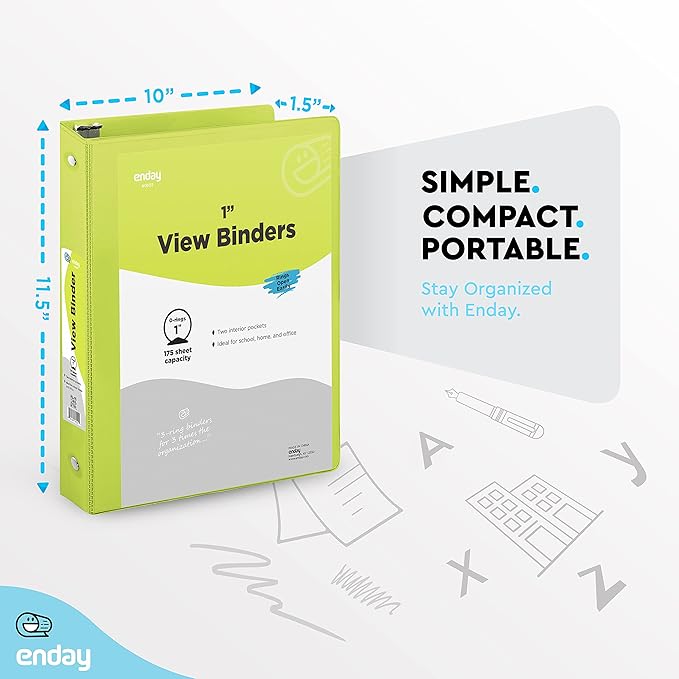 Enday 1 Inch Binder (6 Pack - Assorted Colors) 3 Ring Binder 1 inch with Clear View Cover and 2 Inside Pocket - for Letter Size 8.5 x 11'' Paper, Ideal for School Supplies, Office, and Home