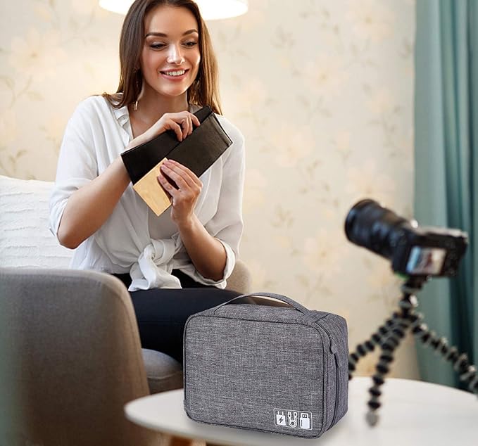 Electronic Accessories Organizer, Portable Travel Cable Storage Bag Tech Pouch with Adjustable Compartments Water-Resistant Handbag for Smart Device Cords Chargers Hard Drives Gadgets