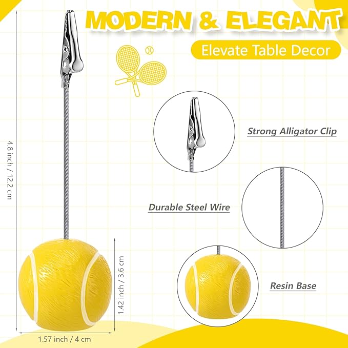 Jetec 12 Pcs Resin Sports Ball Base Memo Clips with Alligator Wire Table Number Card Place Holders Photo Stand for Office Menu Wedding Party Events Decoration (Tennis)