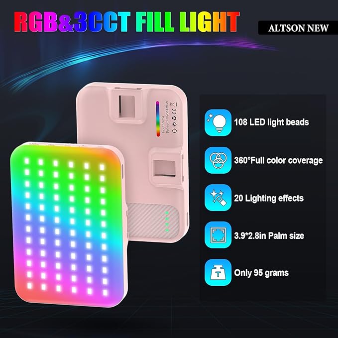 108 RGB Video Light, 2200mAh Camera Light with 3CCT/ 360° Full Color/20 Lighting Effects, 2500-6500K LED Selfie Light for iPhone-CRI 97+, Portable Phone Light for Party, Photography, Streaming (Pink)