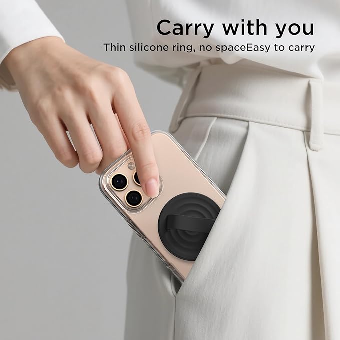 Magnetic Phone Grip Ring Holder, Liquid Silicone Magnet Cell Phone Grip Finger Loop, Compatible with Magsafe, Back of Phone for iPhone 17/16/15/14/13/12 Series, Black