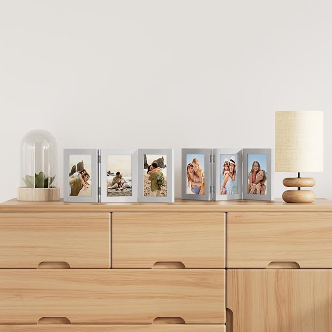 decorUhome Triple 5x7 Picture Frame Vertical, Engineered Wood Trifold Photo Frame with Plexiglass for Tabletop Display, 5x7, Silver