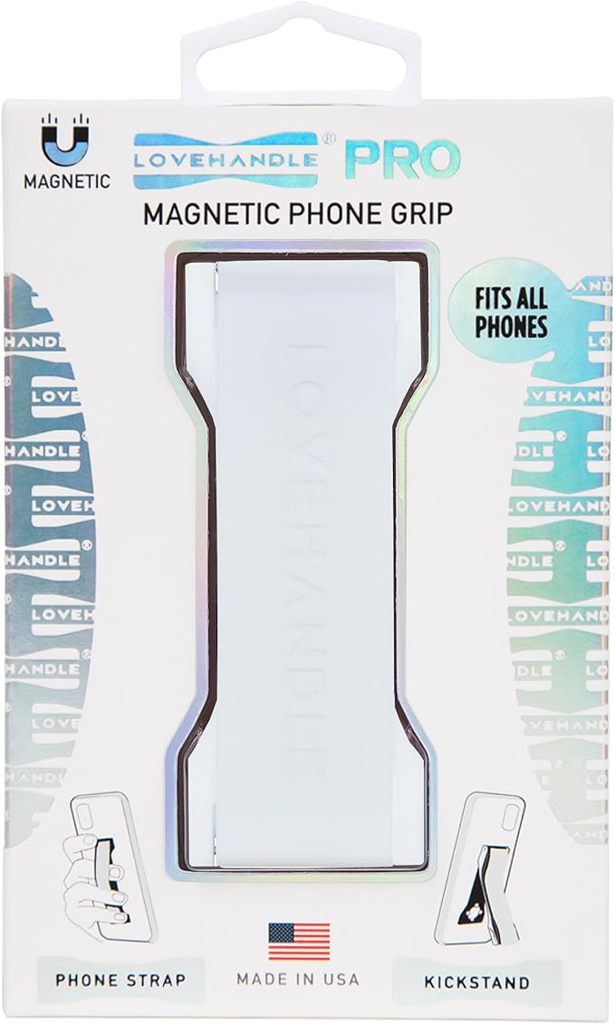 LOVEHANDLE PRO Premium Phone Grip - Silicone Phone Strap - Magnetic Phone Mount and Kickstand for Smartphone and Tablet - White Silicone on White Base