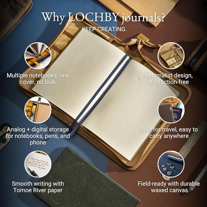 LOCHBY® Field Folio A5 | Zipper Journal Notebook Cover | Water Resistant Waxed Canvas | Included Tomoe River Notebook | Perfect for Travel, Art, Bullet Journal