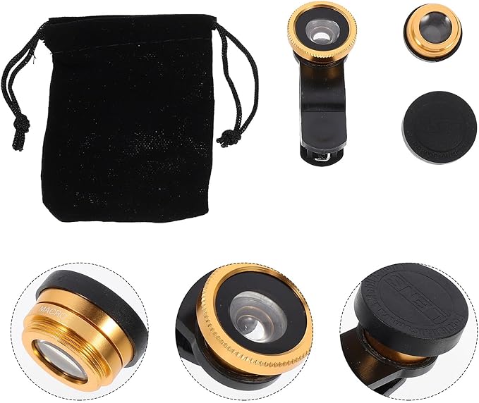 3-in-1 Fisheye Wide Angle Macro Camera Lens Kit for Smartphone, Clip-on Phone Lens Attachment, Gold Color, Compatible with Mobile Phones for Landscape and Selfie Photography