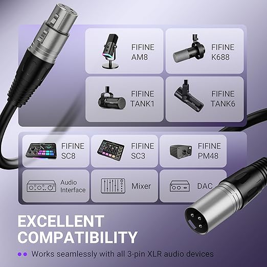 FIFINE XLR Microphone Cable, 5.9ft Male to Female Mic Cord for Studio Recording, Balanced 3-Pin Cable Compatible with XLR Microphone for Podcast Streaming AM8, K688-L9C