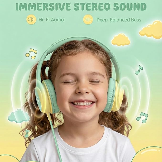 Wired Kids Headphones with USB C Plug, 85dB Safe Volume, Adjustable Headband, Tangle-Free Cord Headphones for School, Tablet, Travel (Mint Green & Cream Yellow, Without Microphone)
