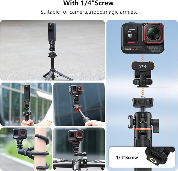 VRIG AC-44 Cold Shoe Adapter with Magnetic Quick Mount for Insta 360 Ace/Ace Pro 2, Action Camera Mount Adapter with 1/4" Thread Compatible DSLR Camera Hot Shoe, Tripod Accessories