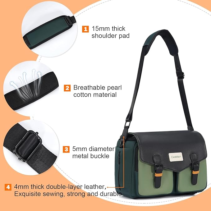 Cwatcun Camera Bag, Waterproof Flap Camera Crossbody Shoulder Messenger Case with Tripod Holder, Travel Photography Bag for Canon, Nikon, Sony, Fuji DSLR/SLR/Mirrorless Camera, Lens - Green, L