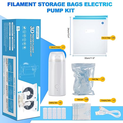 AGPTEK 3D Printer Filament Storage Bags 11.8×13.4 inch(20 Pack) - Vacuum Sealed Kit with 500mAh Electric Pump & Silica Gel Desiccants, Moisture-Proof and Dust-Proof for PLA, ABS, PETG Filament (PA+PE)
