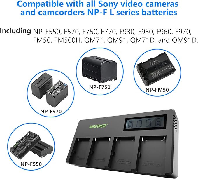 Neewer 4-Channel NP-F Battery Charger with LCD Screen & Power Adapter, Compatible with Sony NP-F550 F570 F750 F770 F930 F950 F960 F970 FM50 FM500H QM71 QM91 QM71D QM91D Camcorder Li-ion Batteries